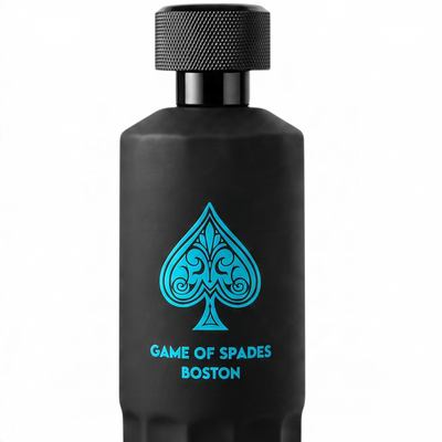 Palette 21 Jo Milano Game of Spades Boston parfum in a matte black bottle with a bright blue spade logo