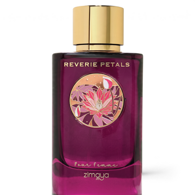 Palette 21 Zimaya Reverie Petals Eau de Parfum in a deep purple glass bottle with a gold cap and floral emblem.