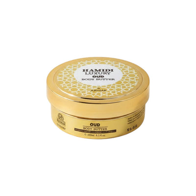 Gold container of Hamidi Luxury Oud body butter on a white background