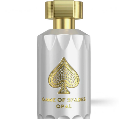 Palette 21 Jo Milano Game of Spades Opal unisex parfum in a white bottle with a gold spade emblem and cap.
