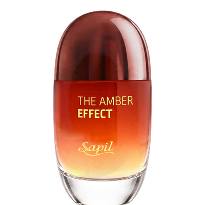 Palette 21 The Amber Effect Sapil men's fragrance in a sleek oval bottle with a gradient amber and red glass finish.