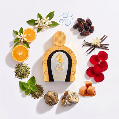 Palette 21 Arabian Oud Aseel Special Edition perfume bottle surrounded by fragrance notes like rose, vanilla, and amber
