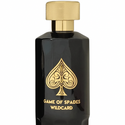 Palette 21 Game Of Spades Wildcard parfum in a black bottle with a gold spade emblem and textured gold cap.