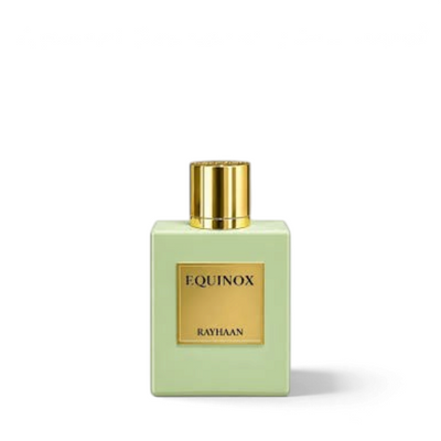 Palette 21 Rayhaan Equinox perfume bottle in a light green glass container with a metallic gold cap and label.