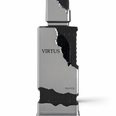 RIIFFS Virtus Extrait de Parfum 3.4 oz bottle close-up showing the silver and black architectural column design