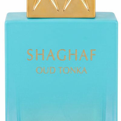 Palette 21 Swiss Arabian Shaghaf Oud Tonka perfume in a vibrant turquoise bottle with a luxurious gold cap