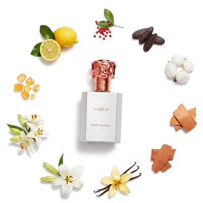 Palette 21 Swiss Arabian Musk 01 perfume bottle surrounded by ingredients like bergamot, lilies, vanilla, and sandalwood.