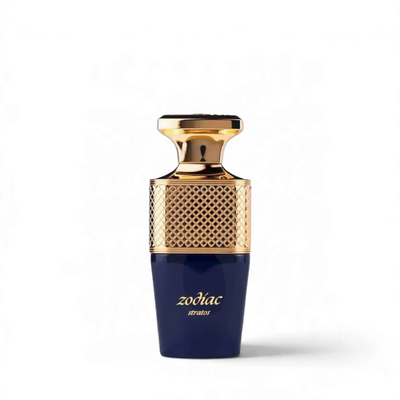 Palette 21 Zodiac Stratos unisex perfume bottle in deep blue glass with a textured gold metallic cap