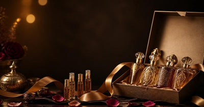 Luxury Arabian perfume gift set in an open gold gift box with ornate perfume bottles, mini discovery vials, satin ribbon and rose petals