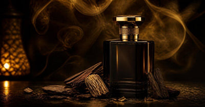 Best oud perfumes 2026 - dark oud perfume bottle with agarwood chips and incense smoke