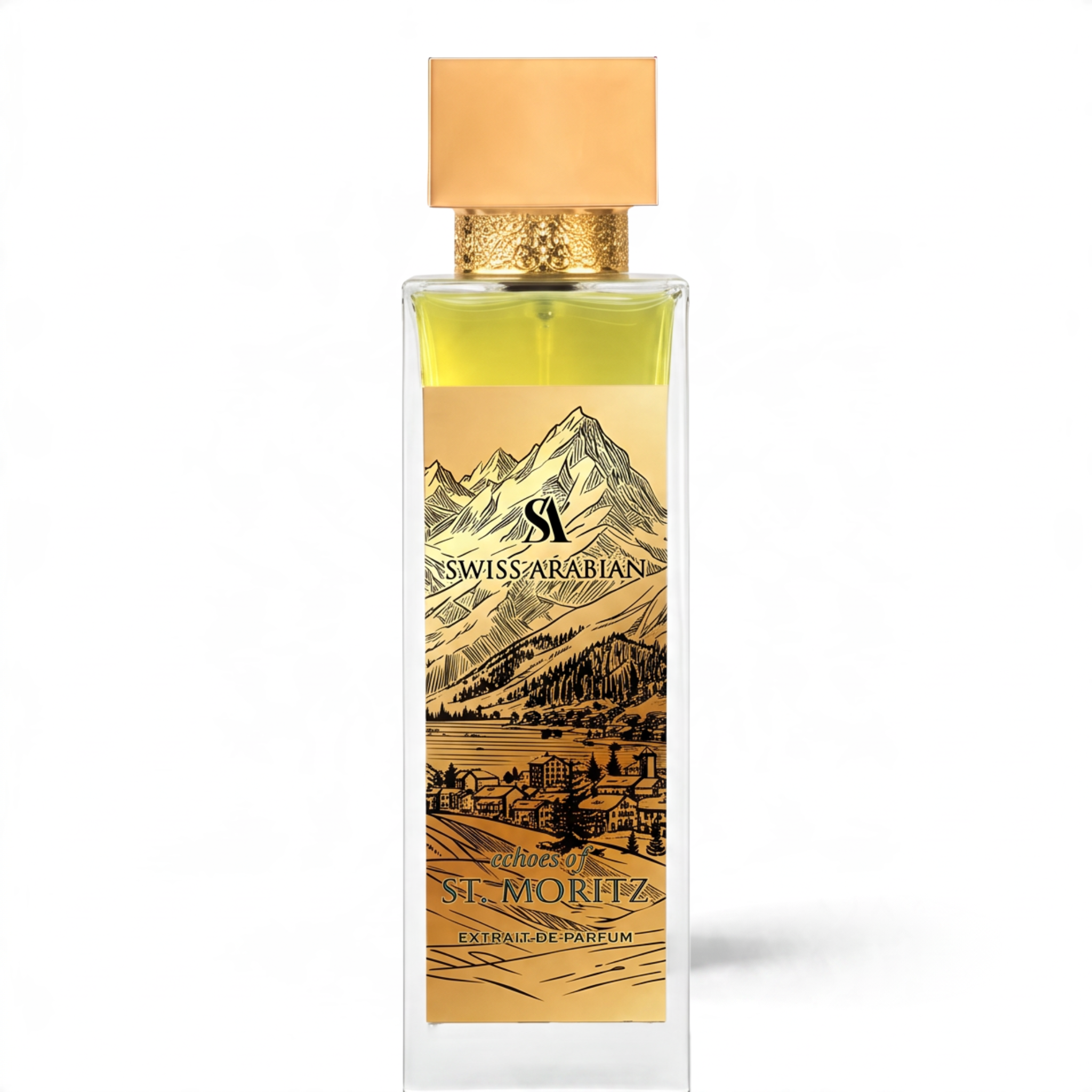 Palette 21 Swiss Arabian Echoes of St. Moritz extrait de parfum in a tall glass bottle with a gold cap and label.