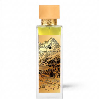 Palette 21 Swiss Arabian Echoes of St. Moritz extrait de parfum in a tall glass bottle with a gold cap and label.