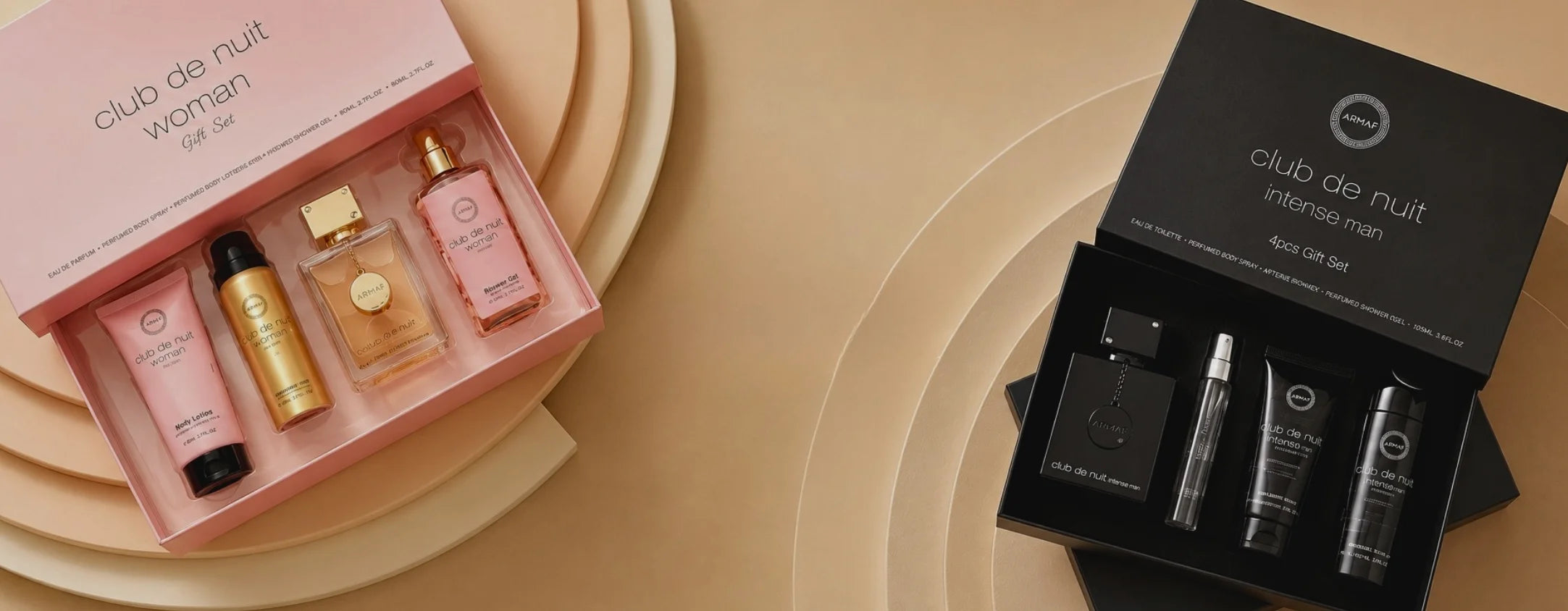 Two sets of perfume and skincare products from 'club de nuit' on a beige background.