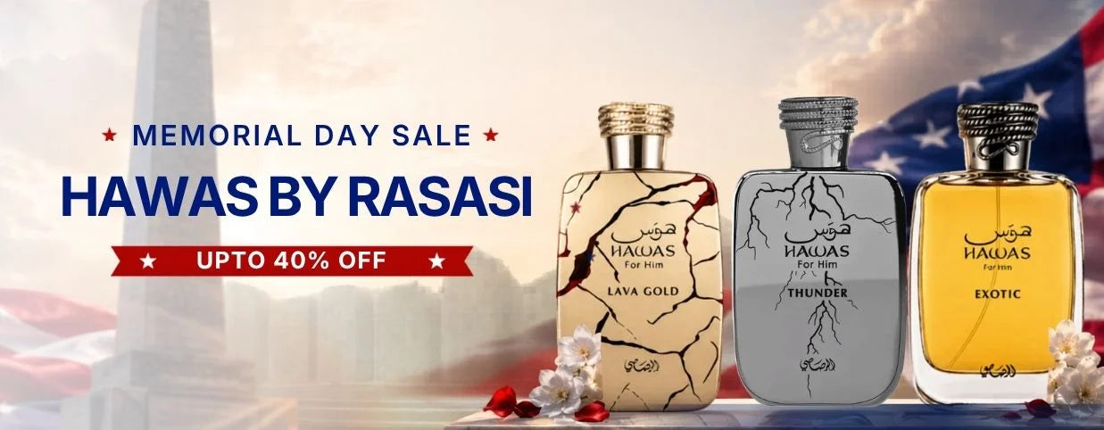 Three Rasasi perfume bottles with promotional text for a Memorial Day sale on an American flag background.