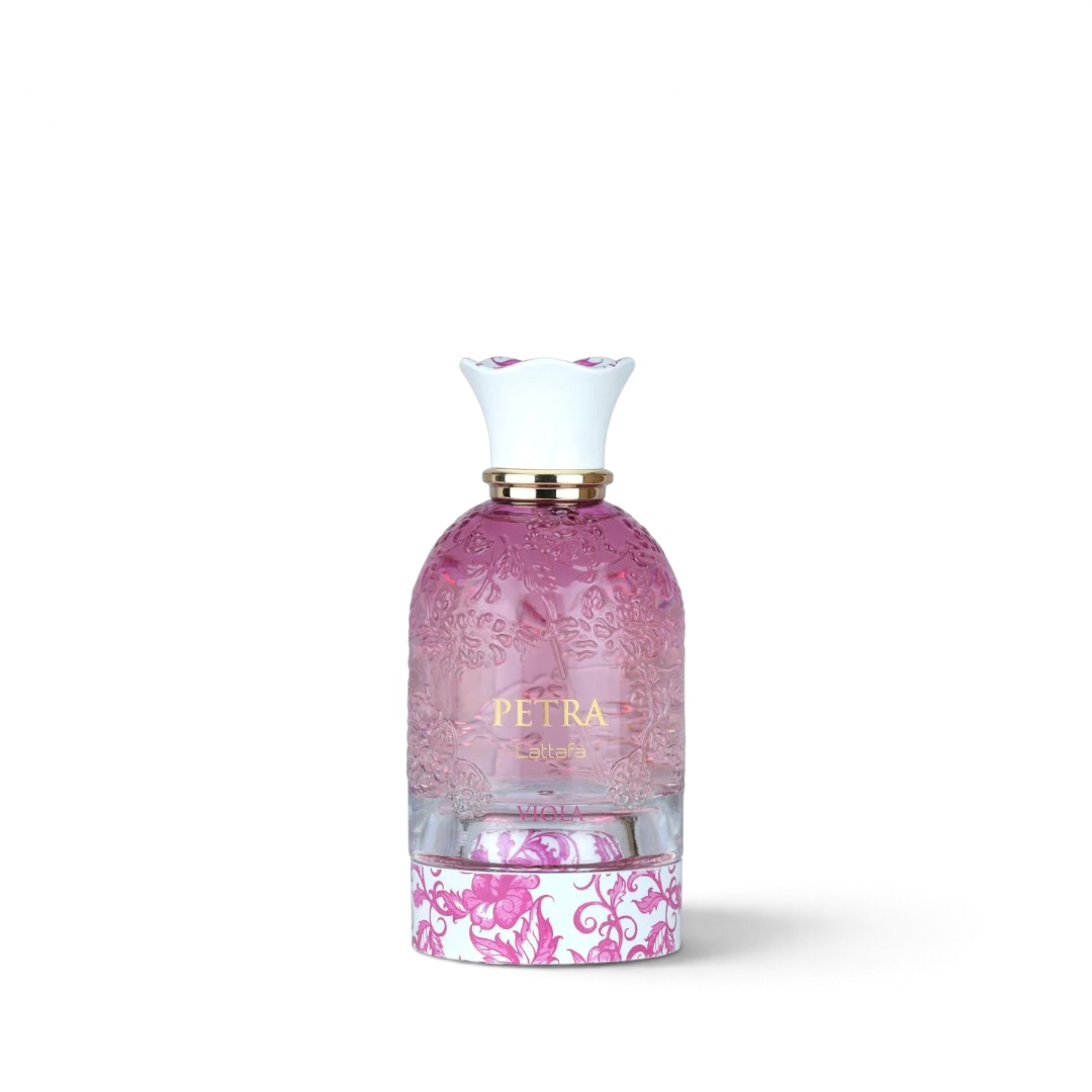 Palette 21 Lattafa Petra Viola 100ml perfume bottle with pink floral glass design and white cap