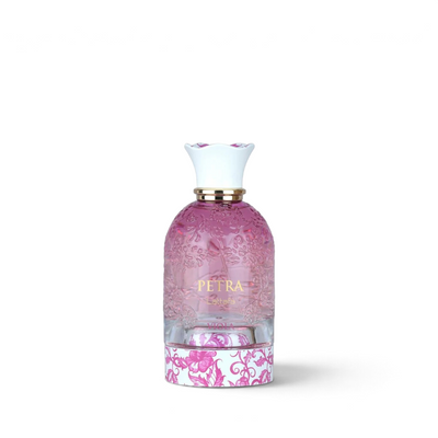 Palette 21 Lattafa Petra Viola 100ml perfume bottle with pink floral glass design and white cap