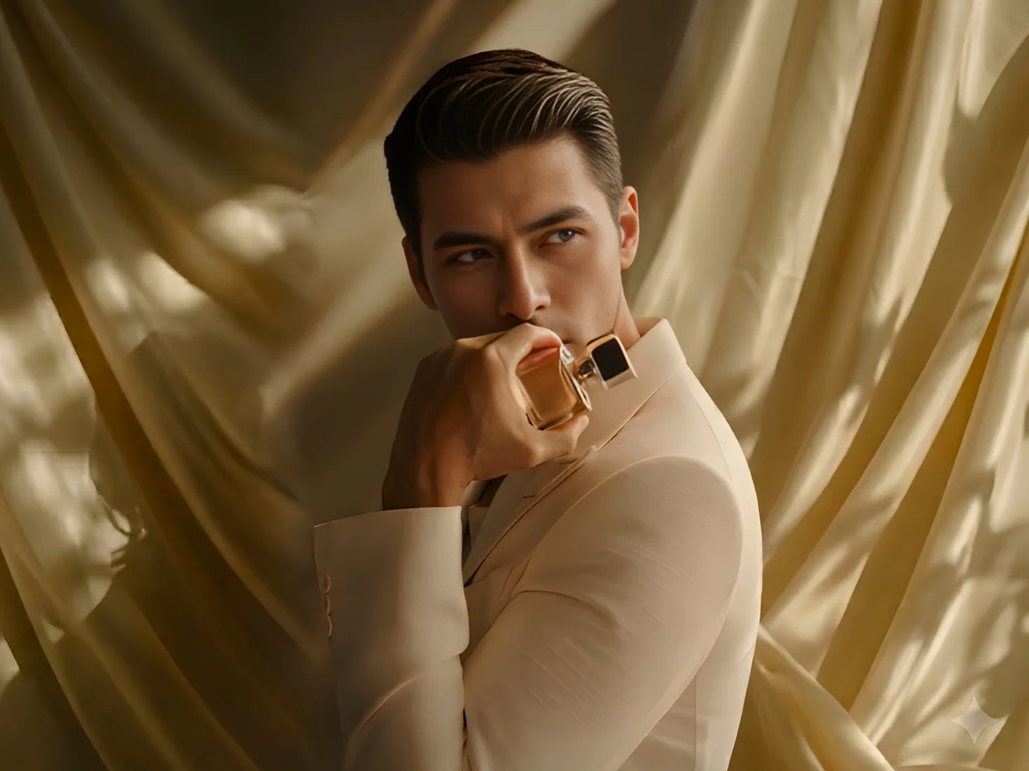 Man in a white suit holding a gold ring against a draped fabric background