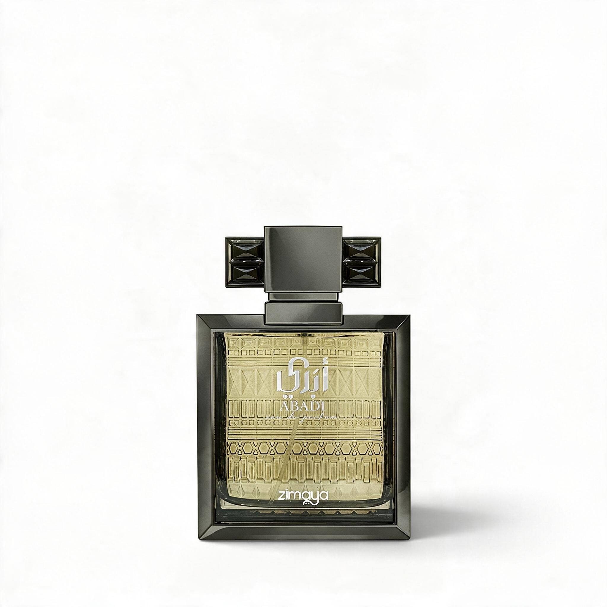Palette 21 Zimaya Abadi Saga Eau de Parfum in a sleek black and gold glass bottle with intricate geometric detailing.