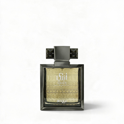 Palette 21 Zimaya Abadi Saga Eau de Parfum in a sleek black and gold glass bottle with intricate geometric detailing.