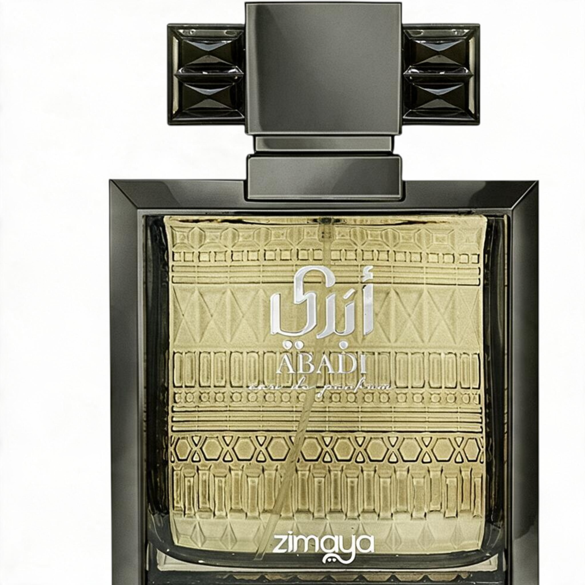 Palette 21 Zimaya Abadi Saga Eau de Parfum in a sleek glass bottle with intricate gold textured detailing