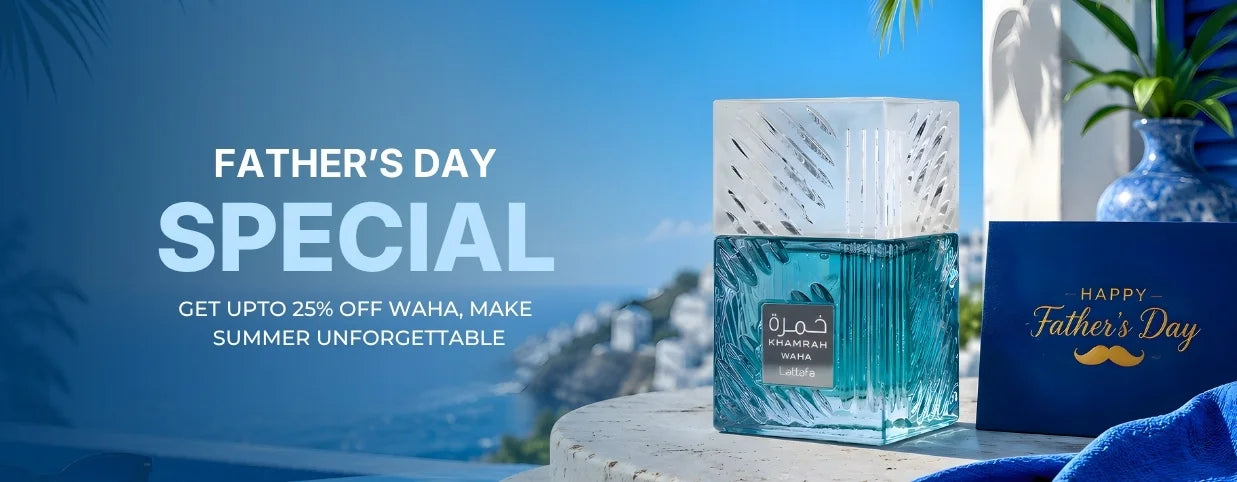 Father's Day special offer with a blue bottle and card on a scenic background