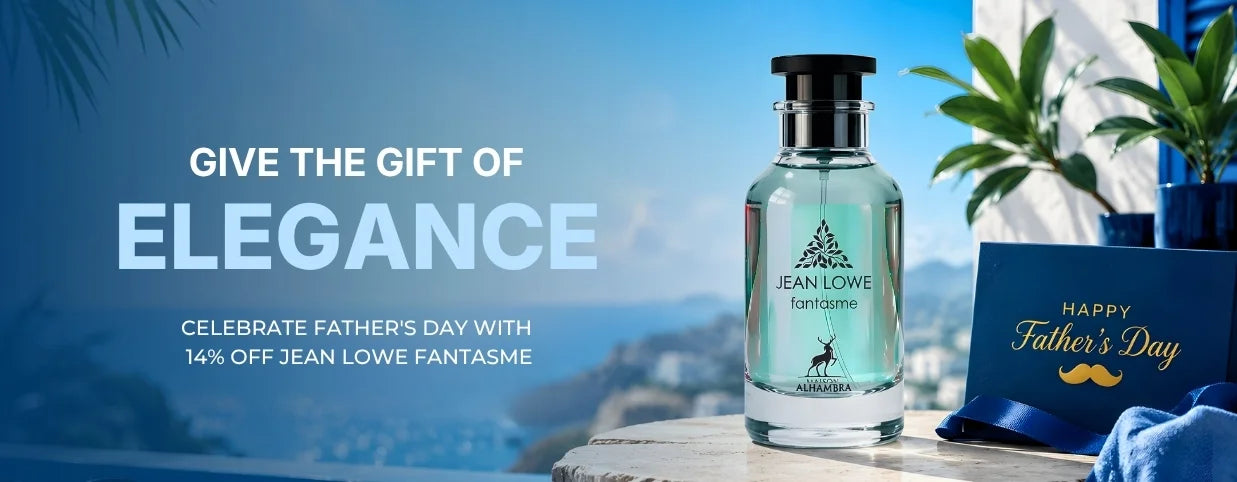 Jean Lowe Fantasme perfume bottle with Father's Day message on a scenic background