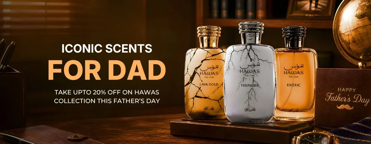 Three bottles of Hawas perfume on a wooden stand with promotional text for Father's Day.