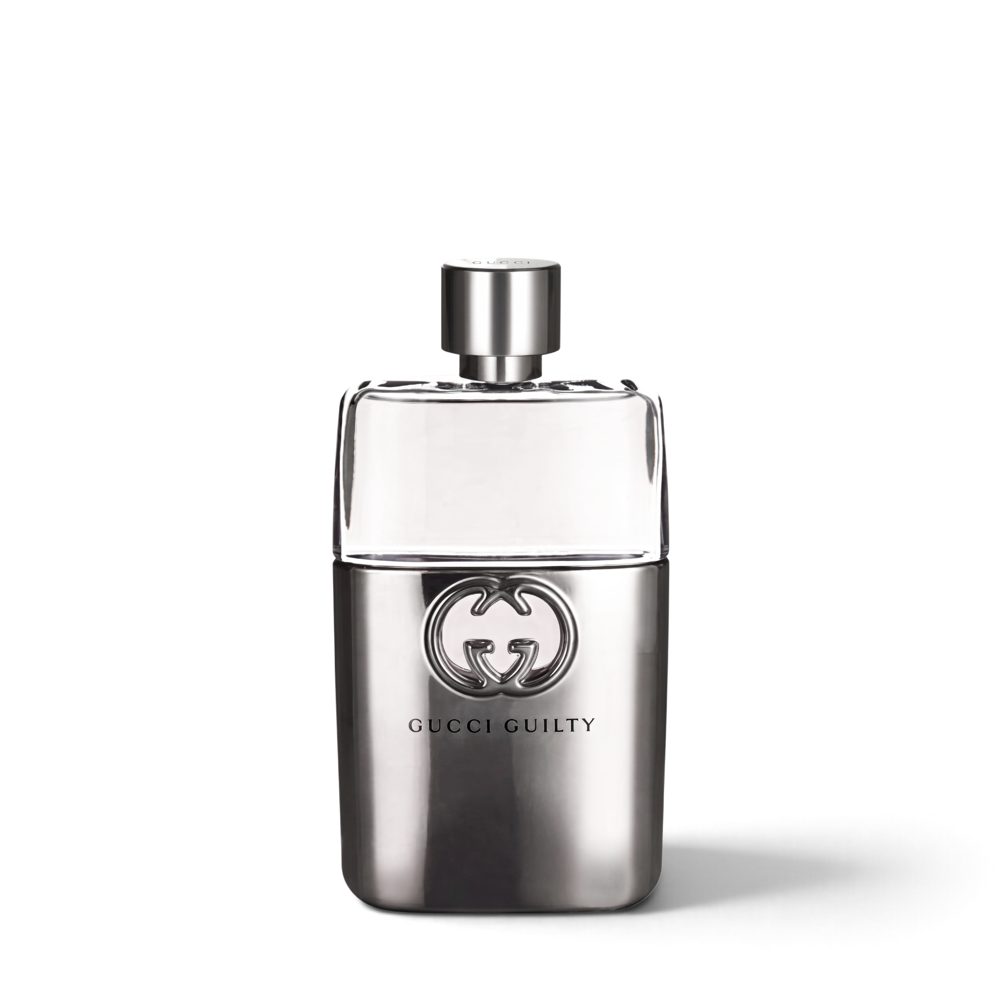 Palette 21 Gucci Guilty men's eau de toilette spray in a sleek silver and clear glass bottle with iconic logo