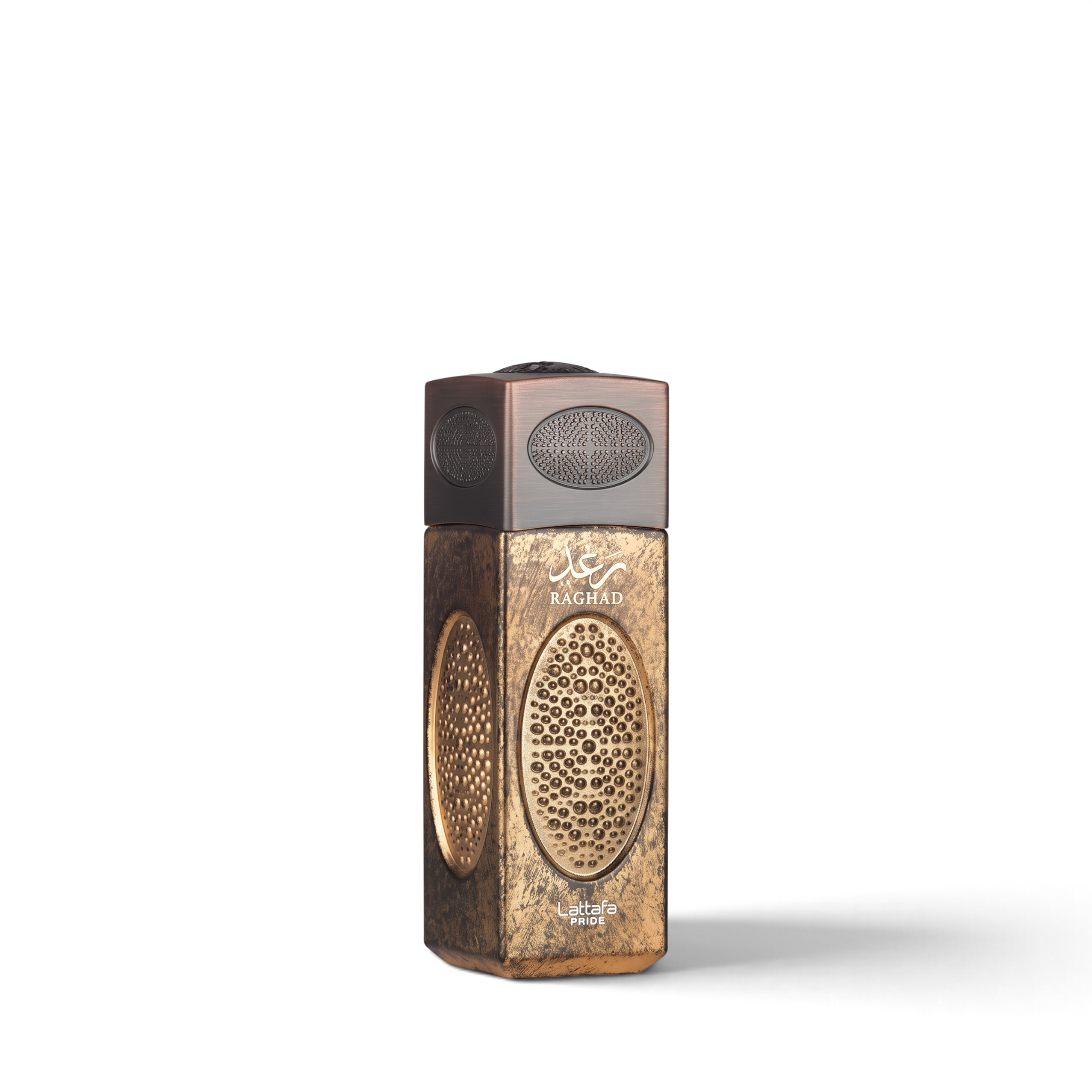 Palette 21 Lattafa Pride Raghad perfume bottle with a textured bronze metallic finish and intricate gold detailing.