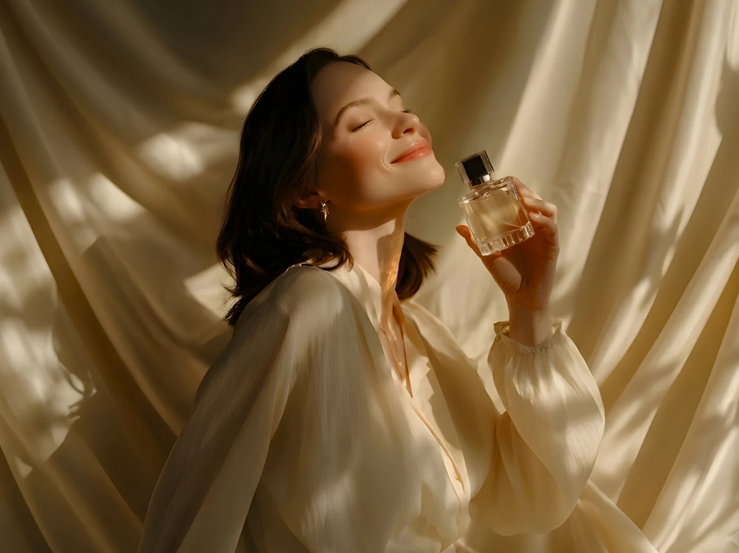 Woman holding a perfume bottle against a draped curtain background