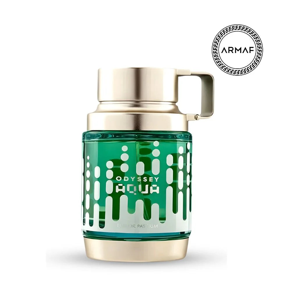 Green and gold perfume bottle with 'Armaf' logo on a white background