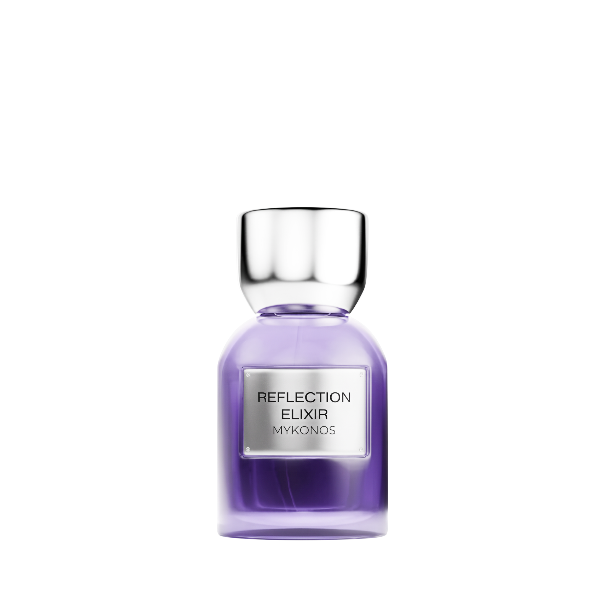 Palette 21 Mykonos Reflection Elixir Extrait de Parfum in a purple glass bottle with a silver cap.