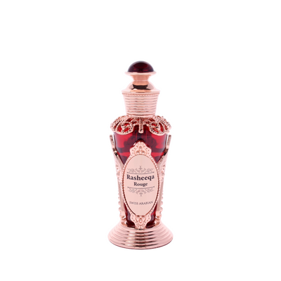 Palette 21 Rasheeqa Rouge 20ml concentrated perfume oil in an ornate red glass bottle with rose gold metal filigree.