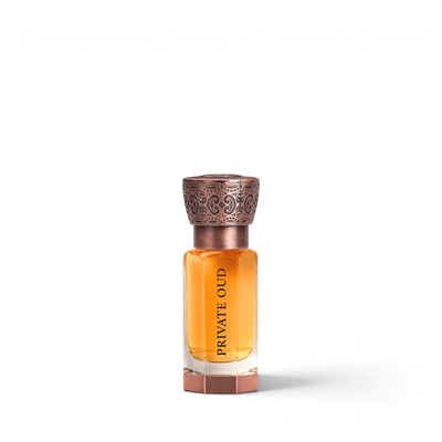 Palette 21 Private Oud 12ml concentrated perfume oil in a glass bottle with an ornate copper-toned metal cap