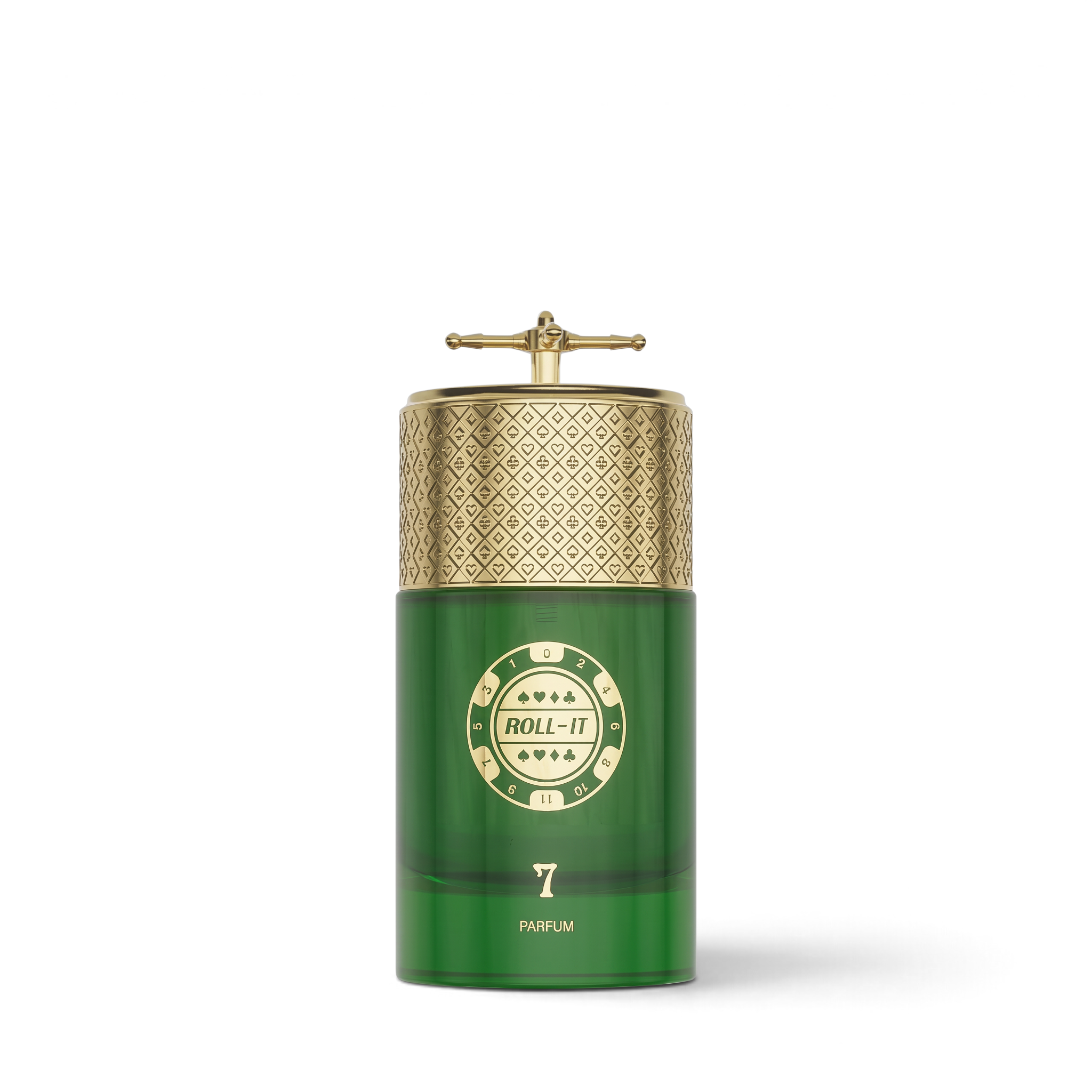 Palette 21 Jo Milano Roll It #7 unisex parfum in a green glass bottle with a gold roulette-style cap.