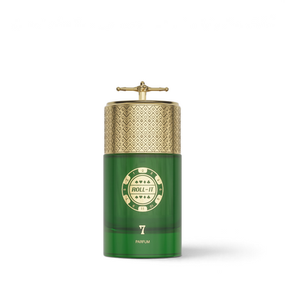 Palette 21 Jo Milano Roll It #7 unisex parfum in a green glass bottle with a gold roulette-style cap.