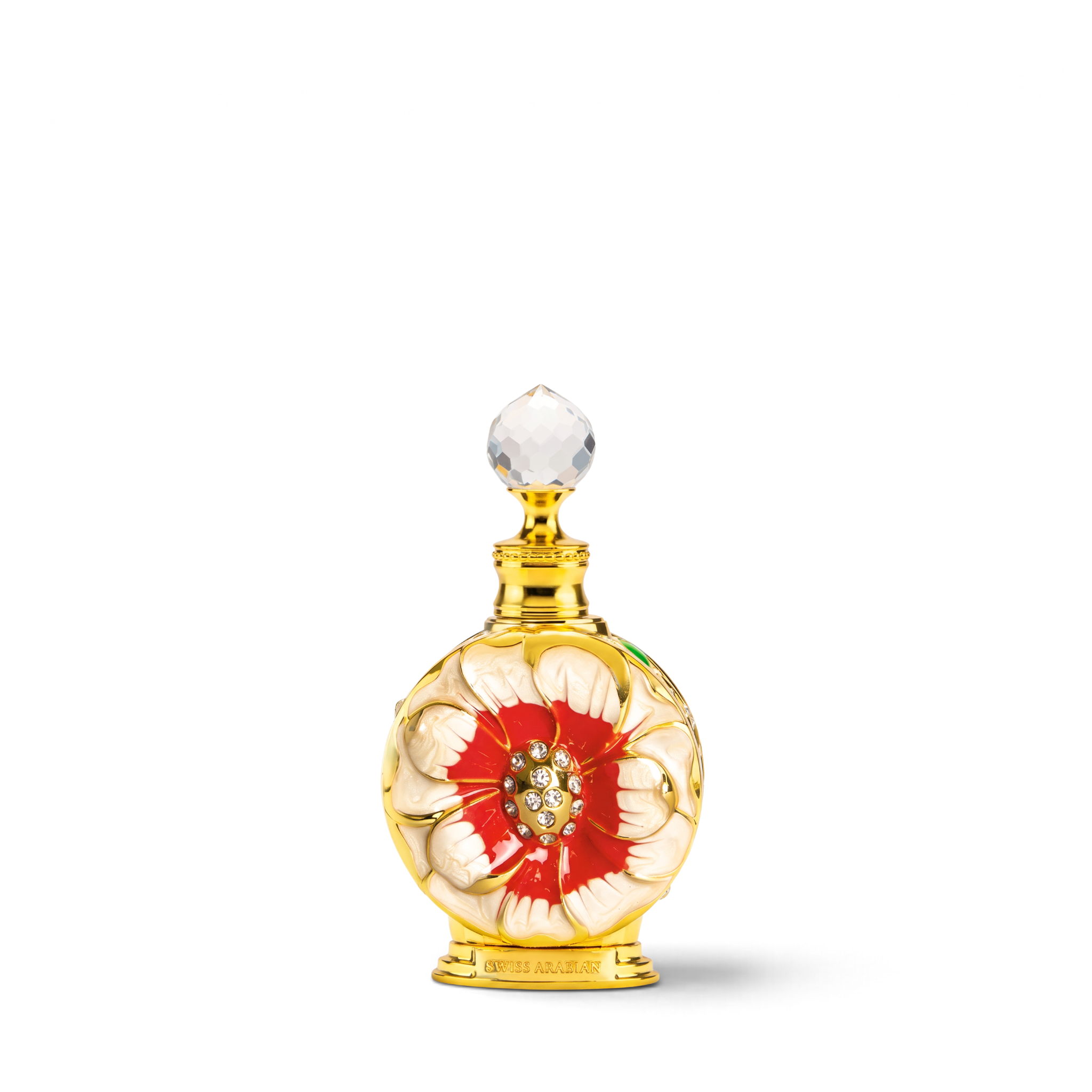 Palette 21 Swiss Arabian Layali Soleil 15ml perfume oil in a decorative gold and floral enamel bottle with crystal