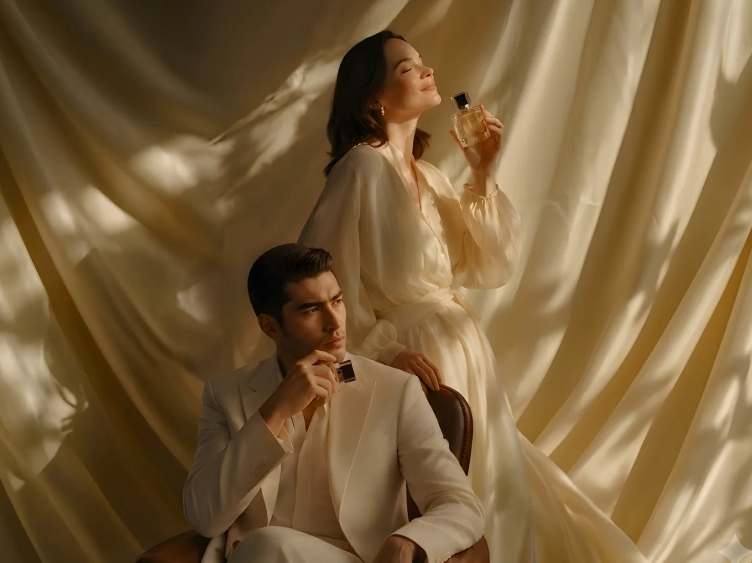 Woman applying perfume to a man sitting in front of a draped curtain
