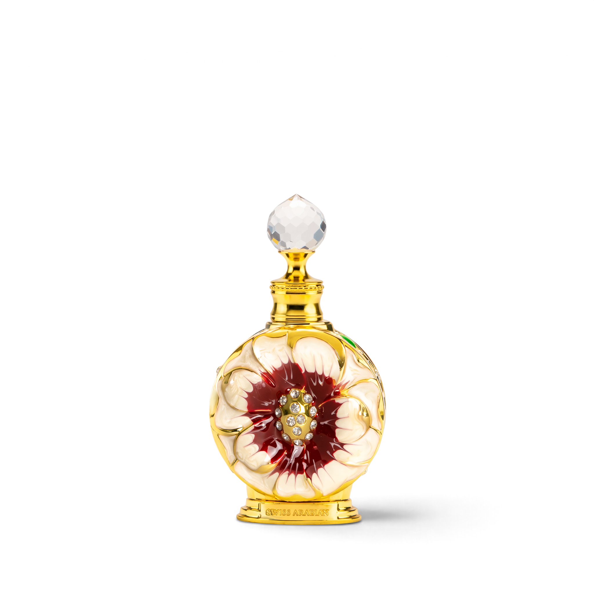 Palette 21 LAYALI RUBIS 15ml perfume oil in a decorative gold bottle with a red and white floral enamel design
