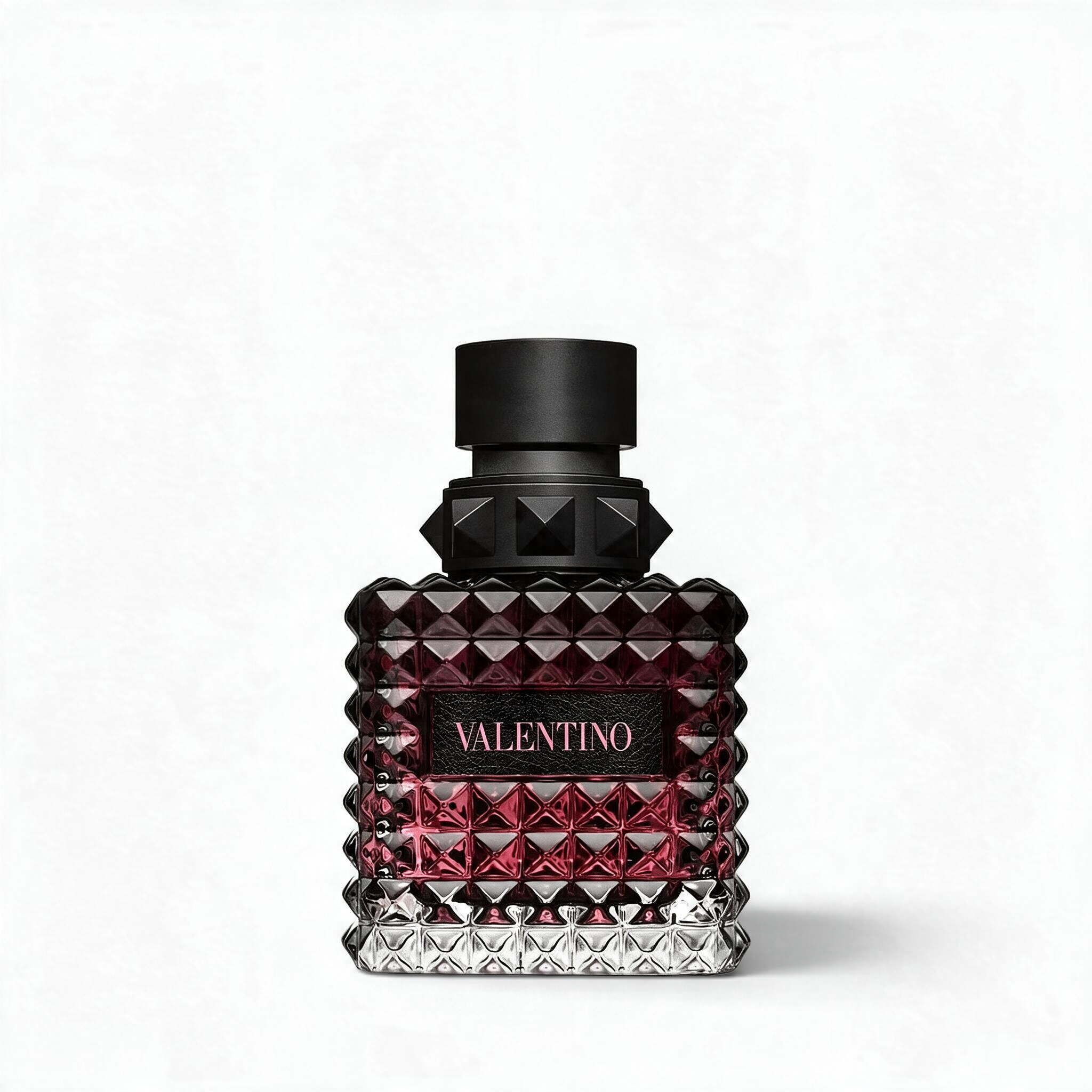 Palette 21 Valentino Donna Born in Roma Intense perfume bottle with iconic studded glass design and black cap