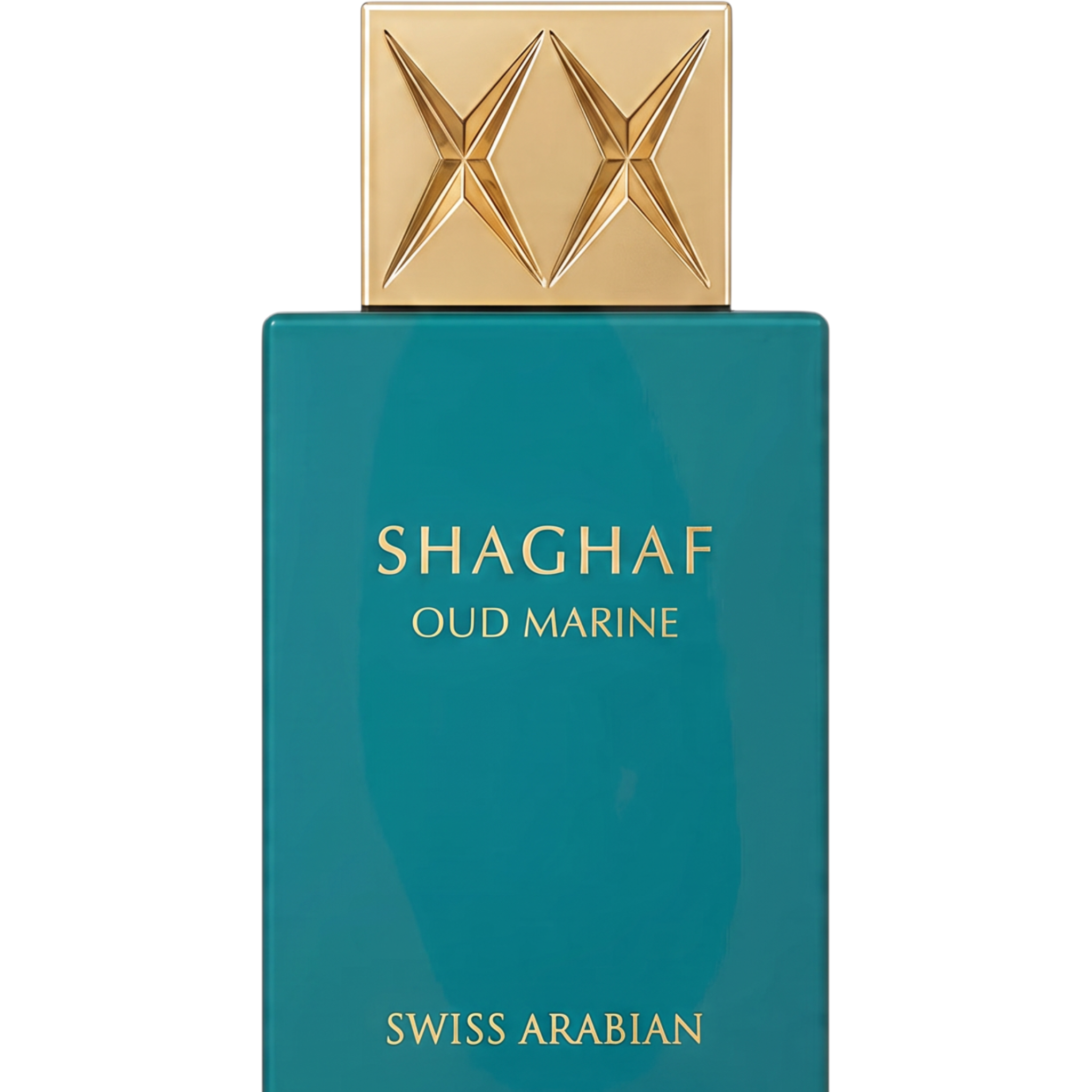 Palette 21 Shaghaf Oud Marine Swiss Arabian perfume bottle in teal with a gold cap on a white background