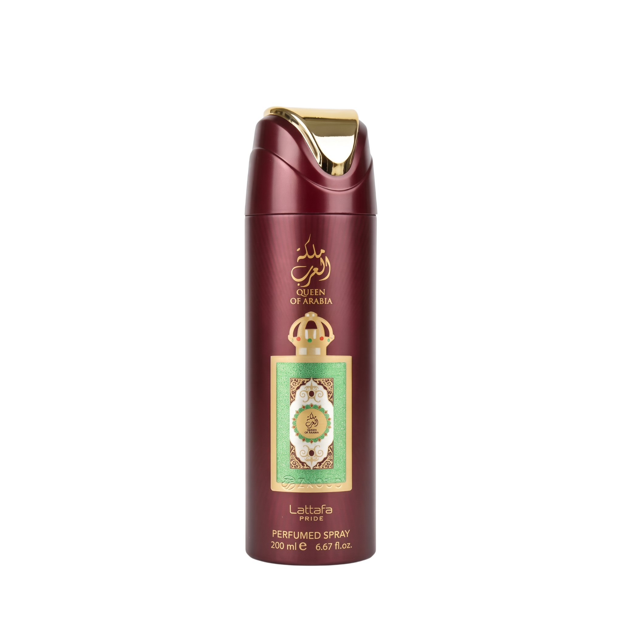 Palette 21 Lattafa Queen of Arabia 200ml perfumed deodorant spray in a maroon bottle with gold and green accents.