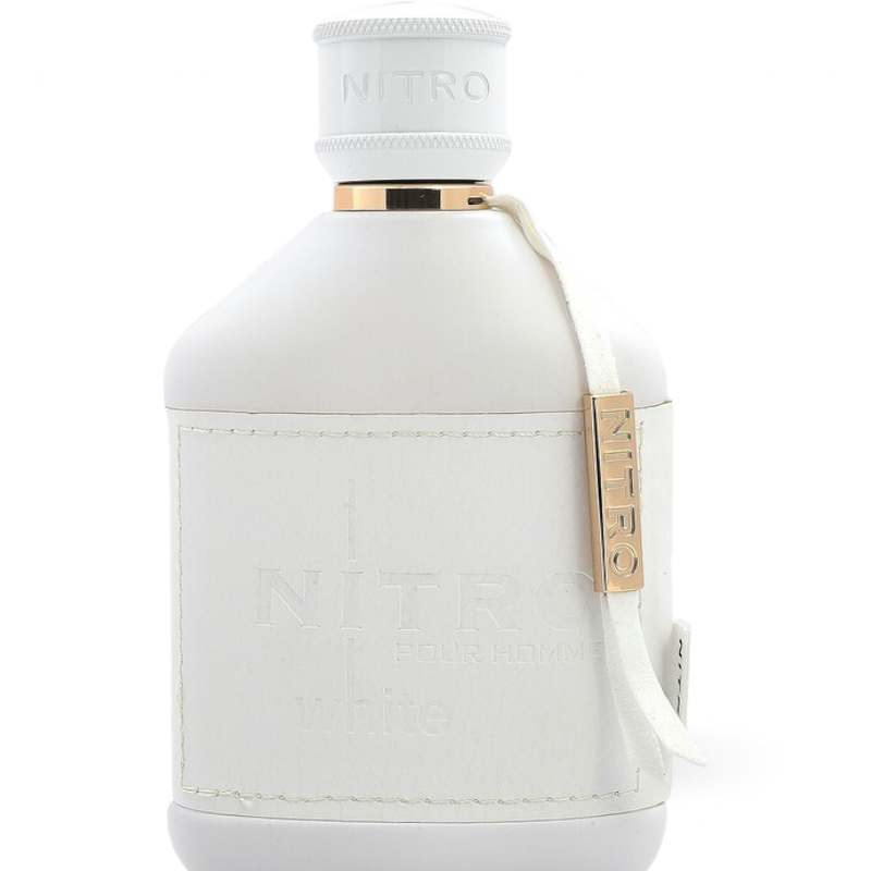 Palette 21 Nitro White Dumont men's fragrance in a white bottle with gold accents and a leather-style label tag