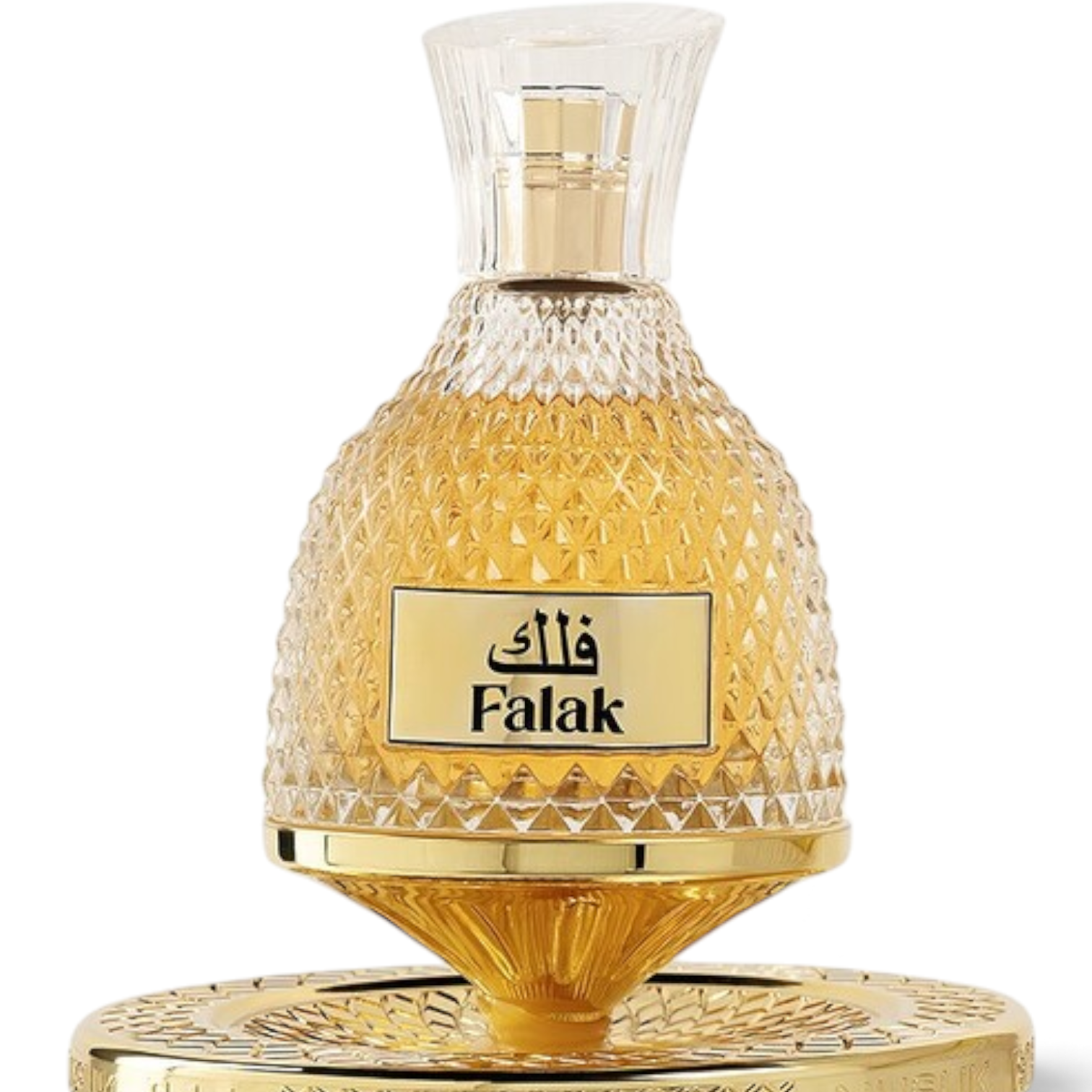 Palette 21 Falak by Nusuk perfume in a decorative gold and crystal textured glass bottle on a matching gold stand.