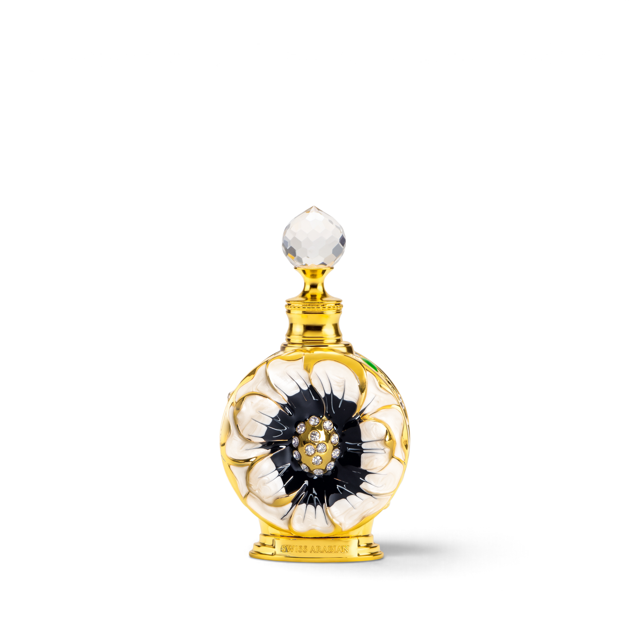 Palette 21 LAYALI NOIR perfume bottle featuring a gold, black, and white floral design with crystal embellishments.