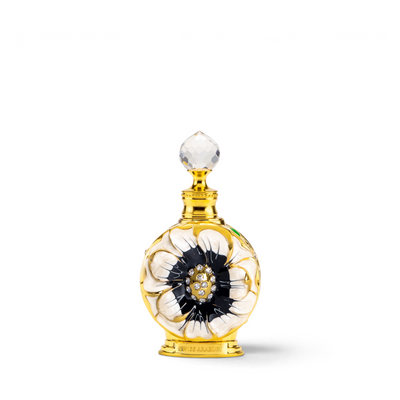Palette 21 LAYALI NOIR perfume bottle featuring a gold, black, and white floral design with crystal embellishments.