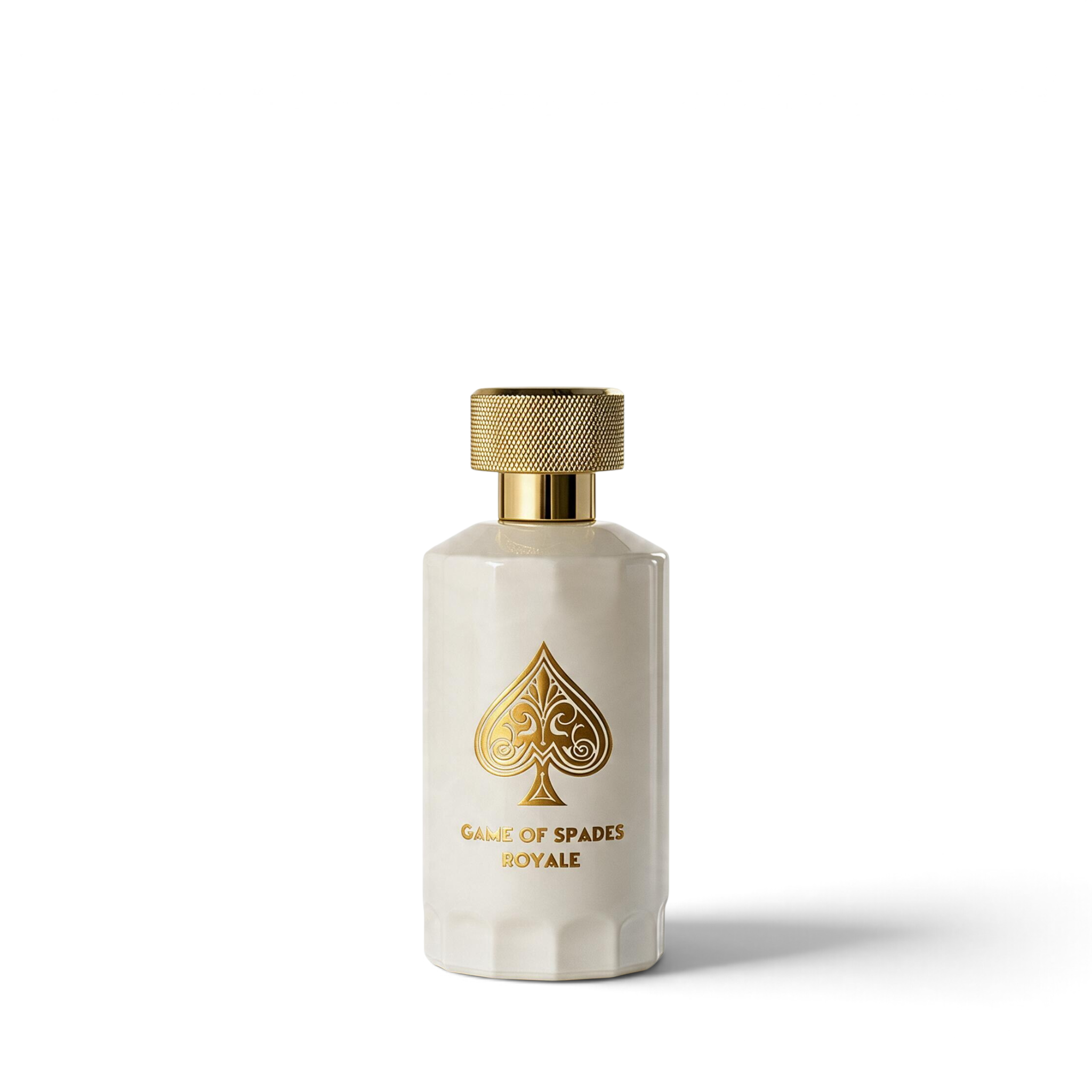 Palette 21 Jo Milano Game of Spades Royale unisex parfum in a white bottle with a gold spade logo and textured cap.