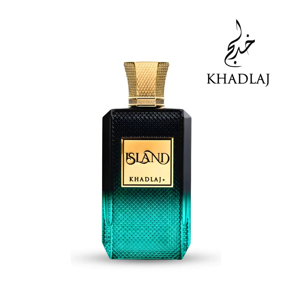 Perfume bottle with gold cap and black and green design on a white background, featuring the brand 'Khadlaj'.