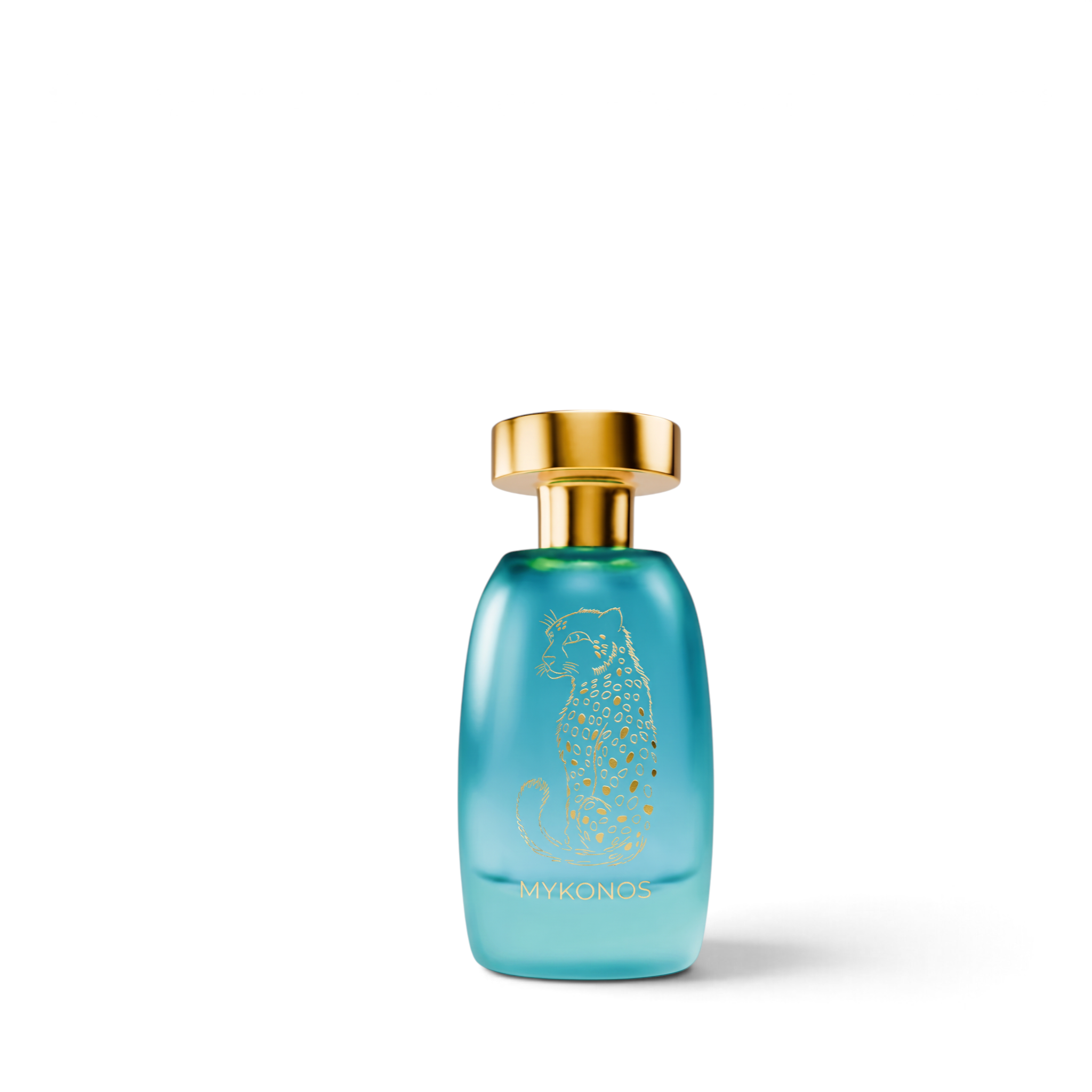 Palette 21 Mykonos Dreamscape Kopen PureOud 100ml perfume in a turquoise glass bottle with gold leopard illustration