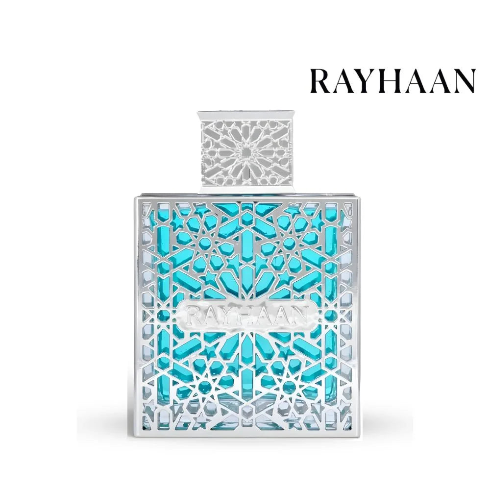 Perfume bottle with intricate design and turquoise accents on a white background, featuring the brand 'Rayhaan'.